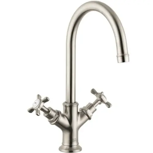Brushed-Nickel-Waschtischarmatur mit zwei Kreuzgriffen und Zugstangen-Ablaufgarnitur von AXOR, präsentiert in einem klassischen Design.
